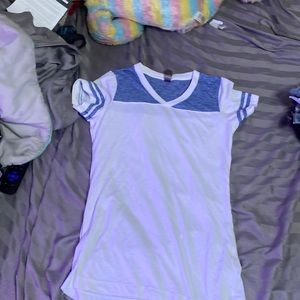 White tshirt with blue sleeves